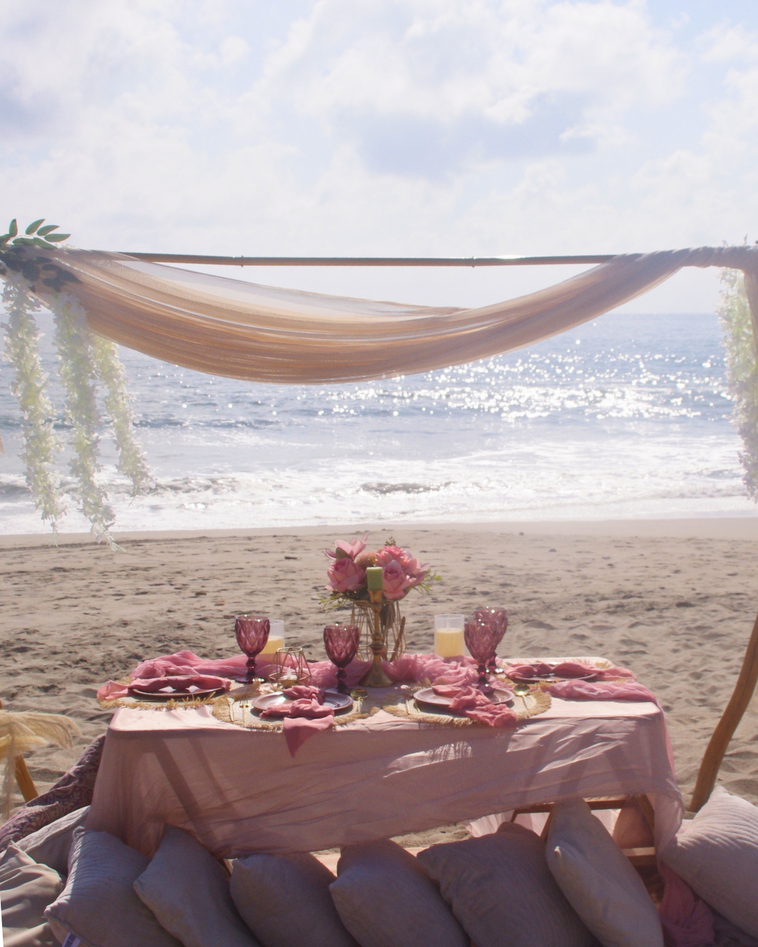 Beach birthday setup with ocean view